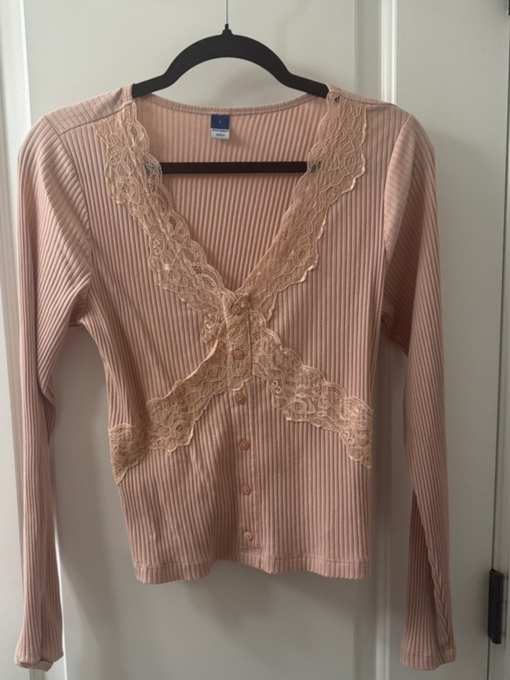 Ribbed Lace Trim Button-Front Top